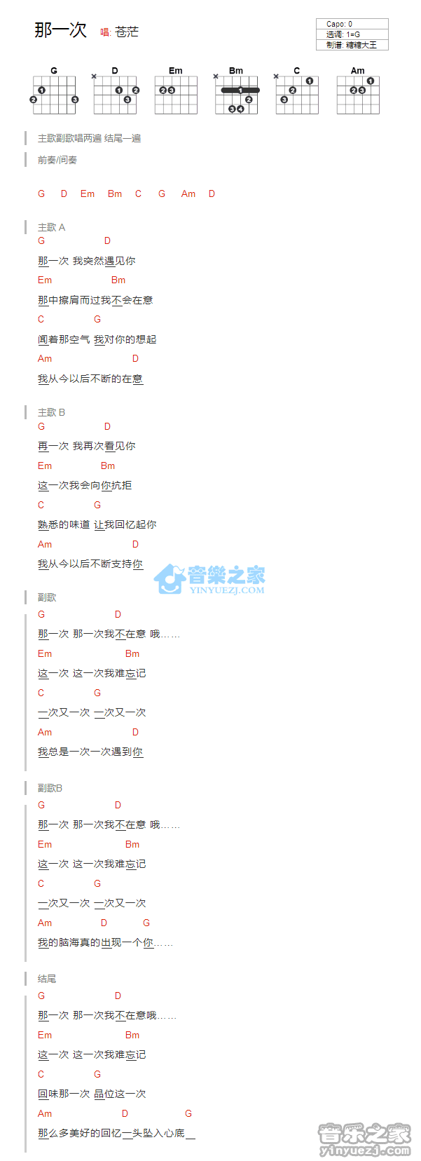 苍茫 那一次吉他谱G调 音乐之家弹唱六线谱