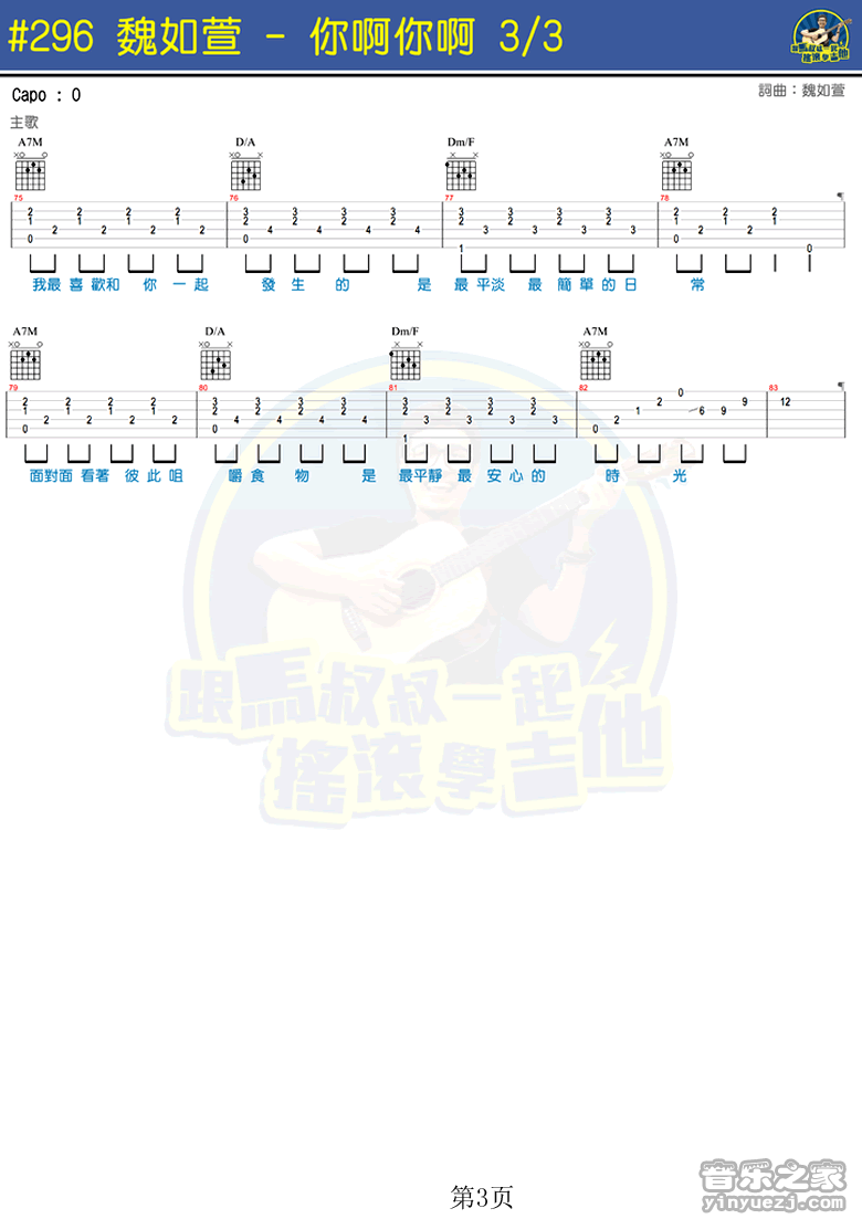 魏如萱 你啊你啊吉他谱C调 音乐之家弹唱六线谱