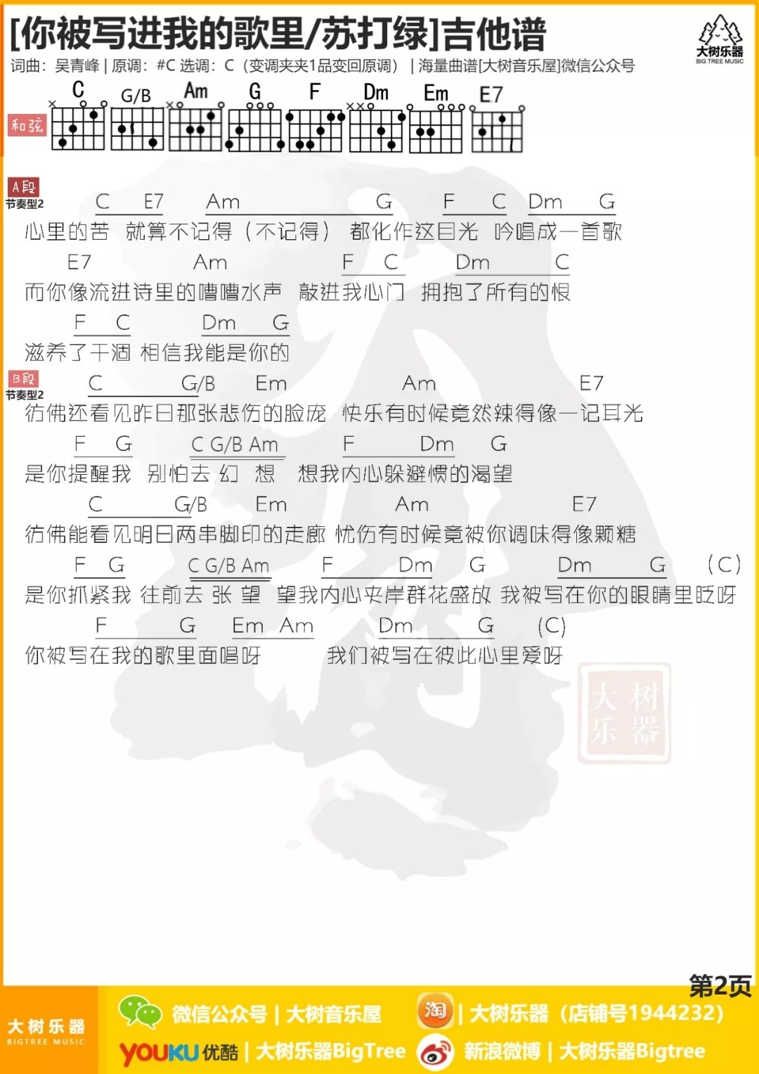 苏打绿 你被写进我的歌里吉他谱C调 大树音乐屋弹唱六线谱