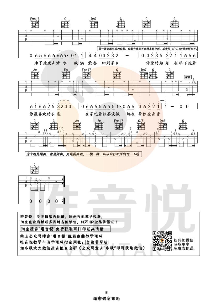 隔壁老樊 你的姑娘吉他谱C调 弹唱六线谱