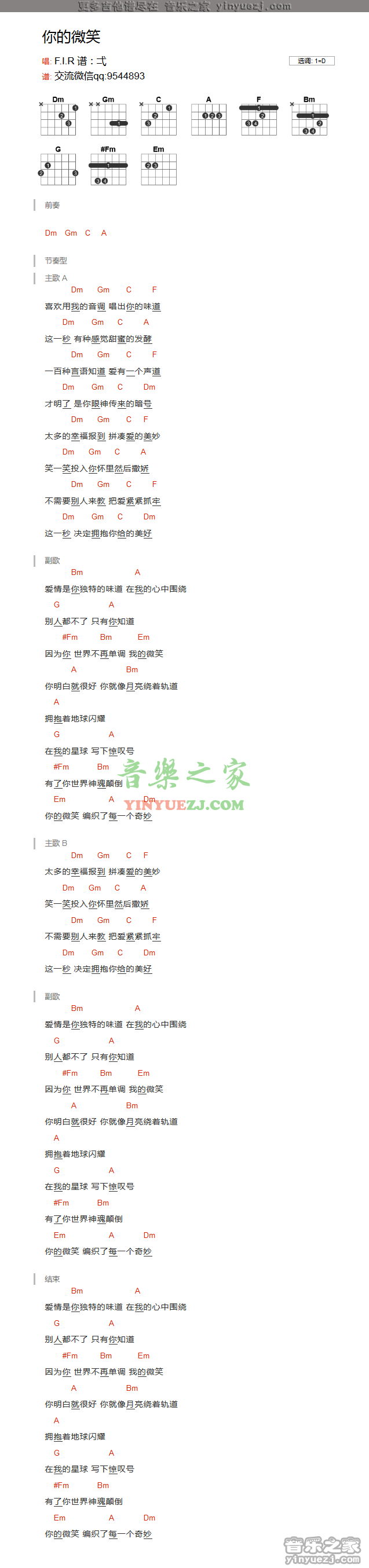 飞儿乐团 你的微笑吉他谱D调 弹唱六线谱