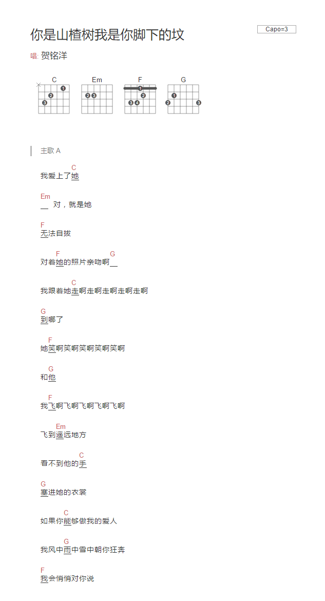 贺铭洋 你是山楂树我是你脚下的坟吉他谱C调 弹唱六线谱