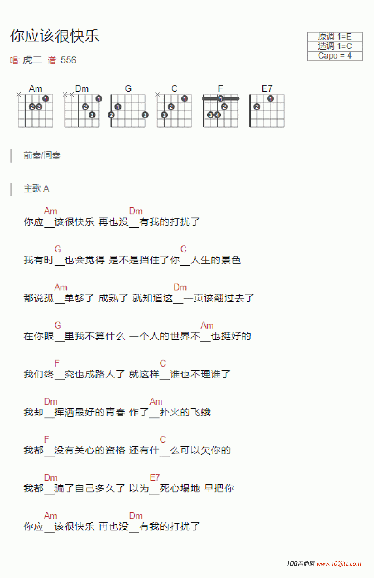 虎二 你应该很快乐吉他谱A调 弹唱六线谱
