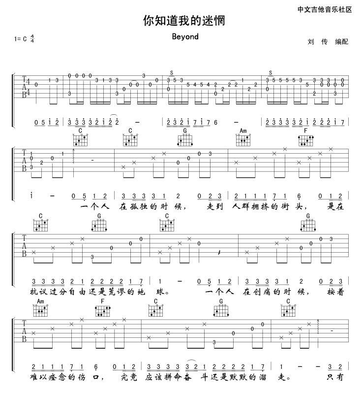 Beyond 你知道我的迷惘吉他谱C调 17吉他弹唱六线谱