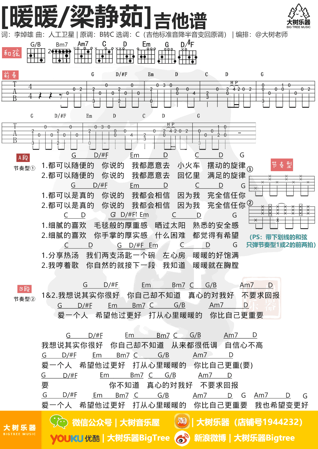 梁静茹 暖暖吉他谱c调 弹唱六线谱