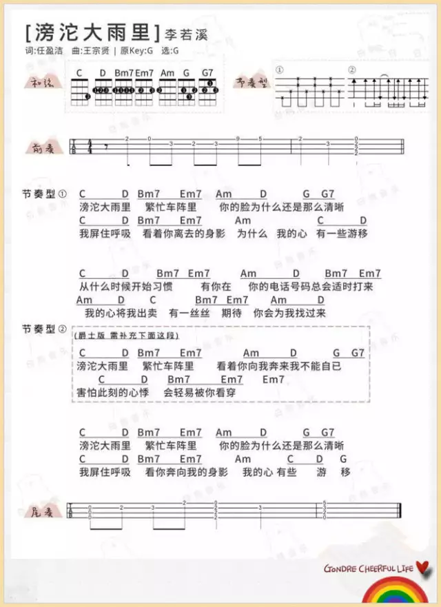 李若溪 滂沱大雨里吉他谱G调 弹唱六线谱
