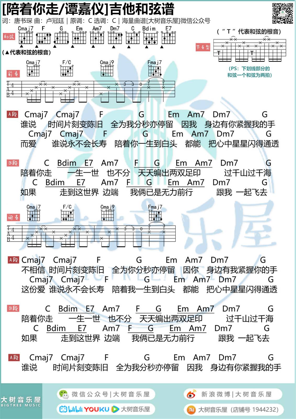 谭嘉仪 陪着你走吉他谱C调 大树音乐屋弹唱六线谱