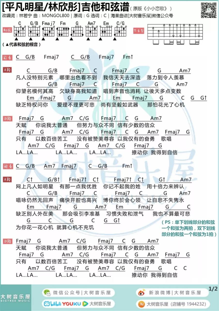 林欣彤 平凡明星吉他谱C调 弹唱六线谱