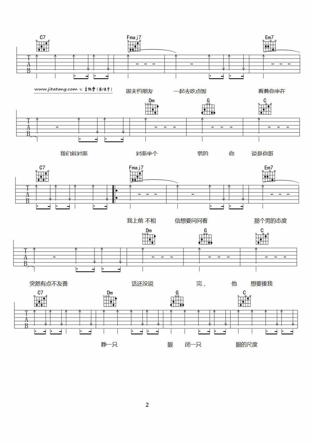 刘心 凭什么说吉他谱C调 弹唱六线谱