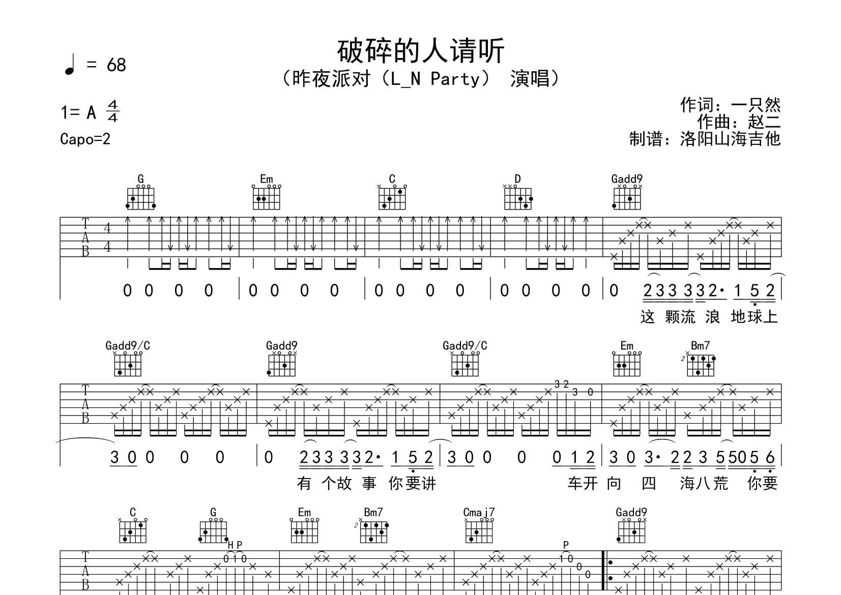昨夜派对 破碎的人请听吉他谱G调 飞韵吉他弹唱六线谱
