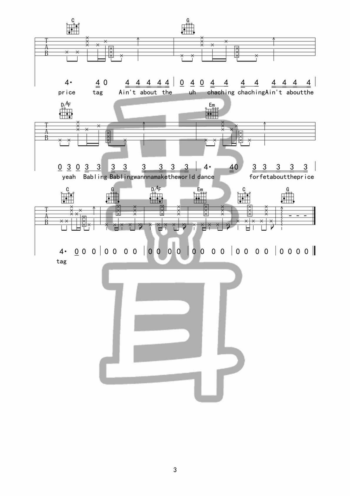 Jessie J G price tag吉他谱A调 垂耳吉他弹唱六线谱