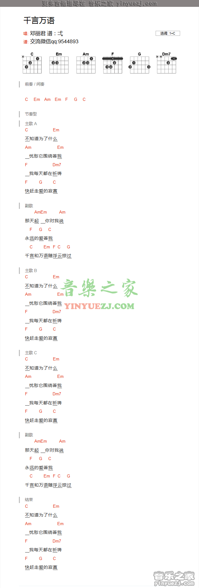 邓丽君 千言万语吉他谱C调 音乐之家弹唱六线谱