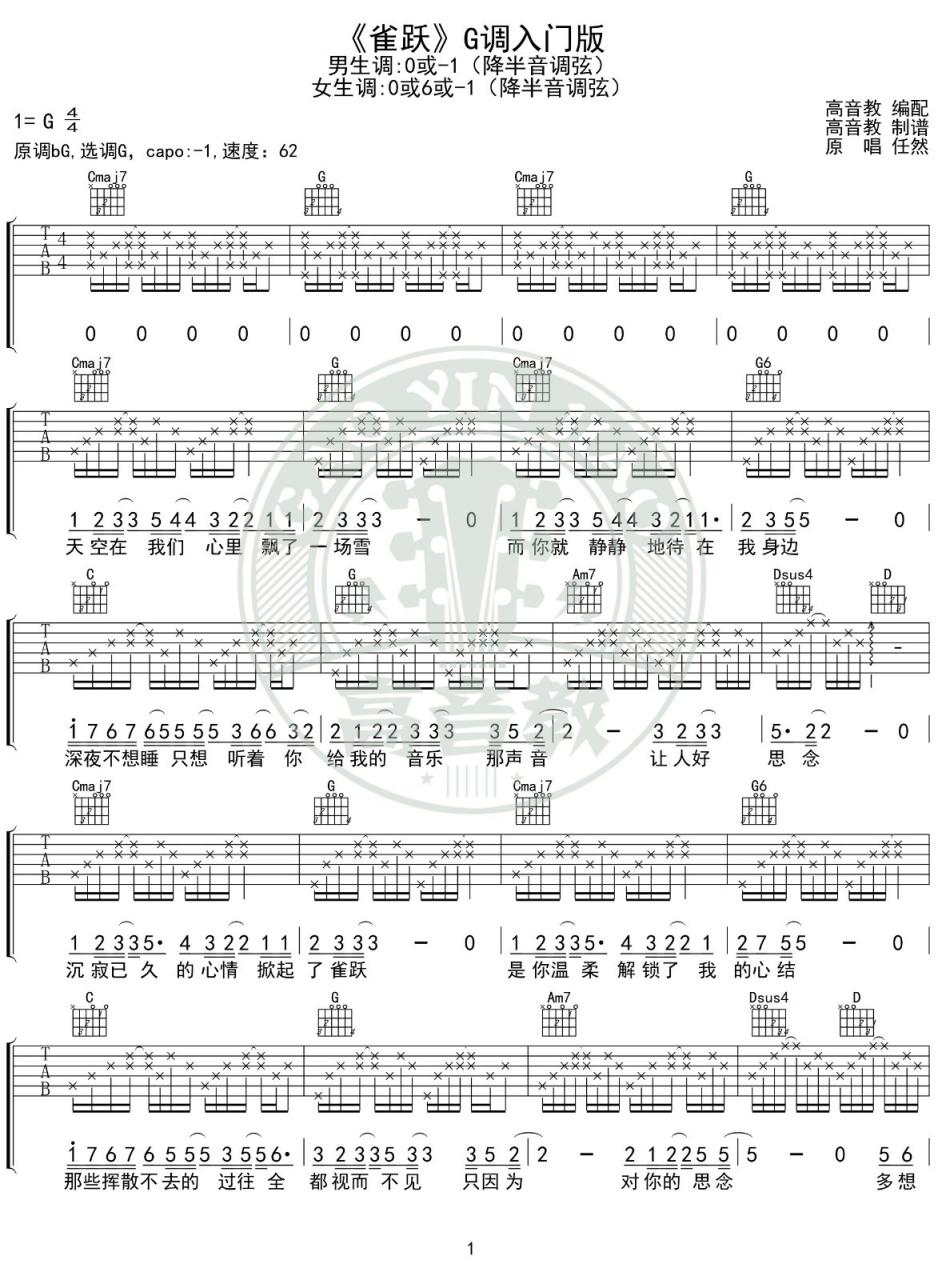 任然 雀跃吉他谱G调 弹唱六线谱
