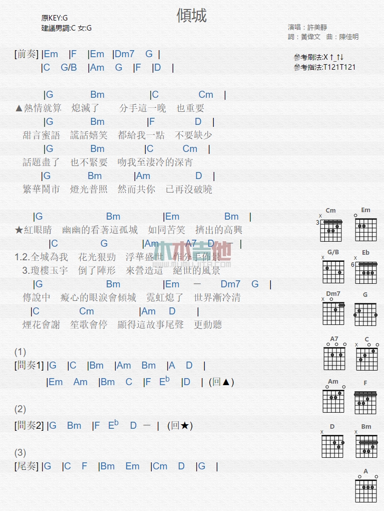 许美静 倾城吉他谱G调 木木吉他弹唱六线谱