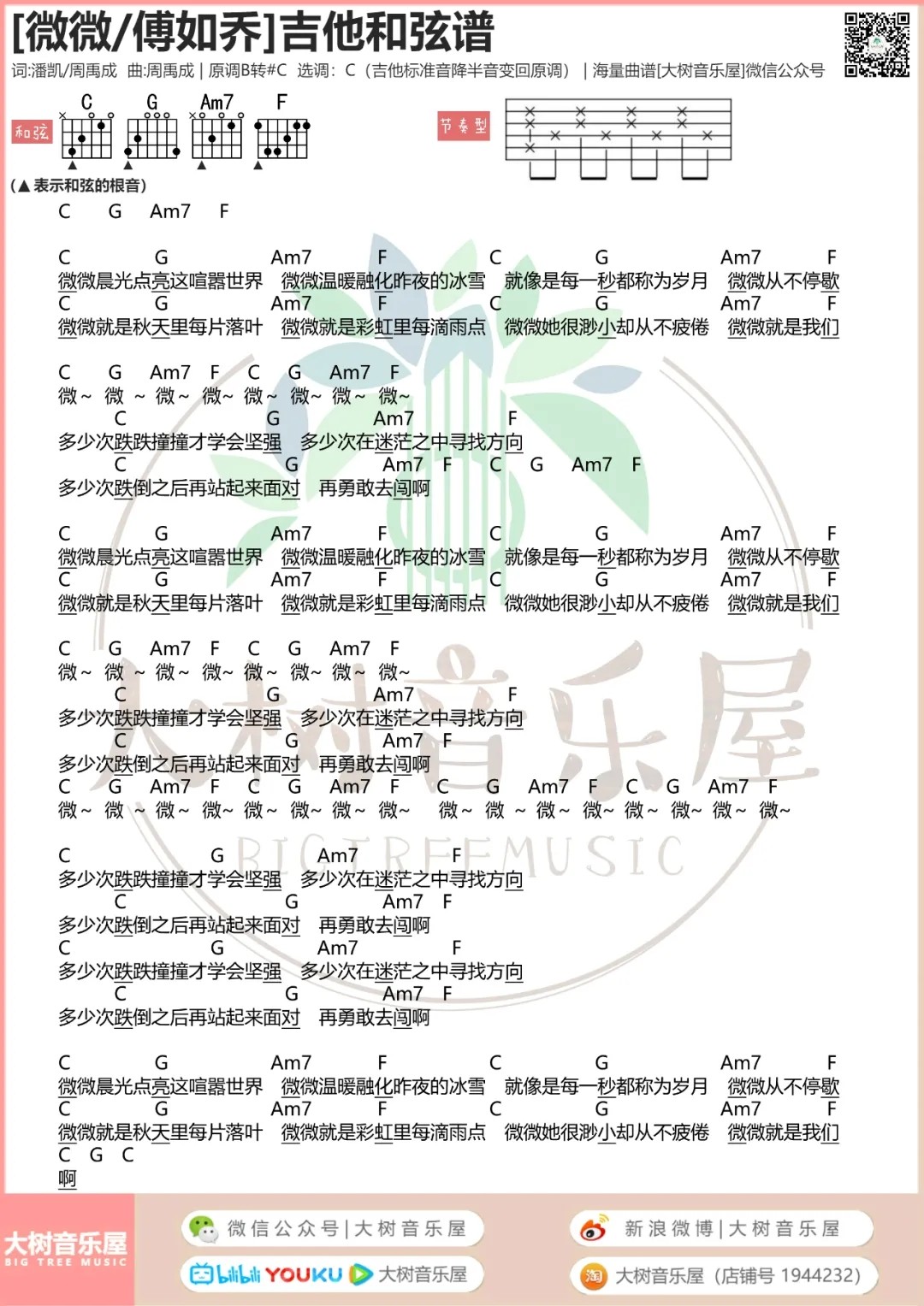 傅如乔 青春有你2吉他谱C调 大树音乐屋弹唱六线谱
