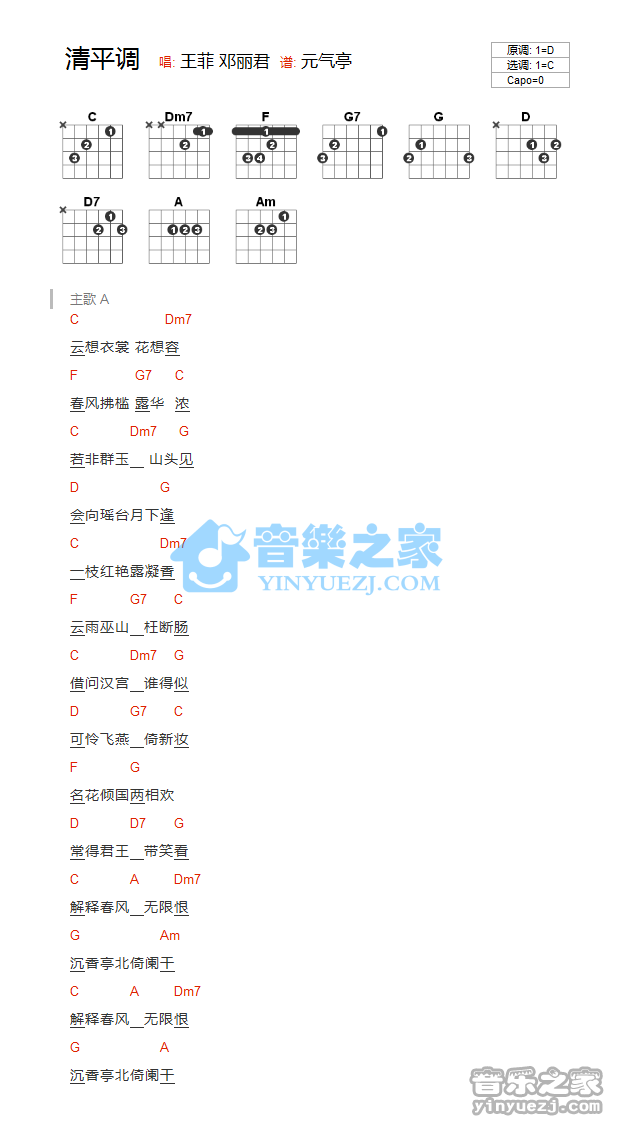 王菲 清平调吉他谱C调 音乐之家弹唱六线谱