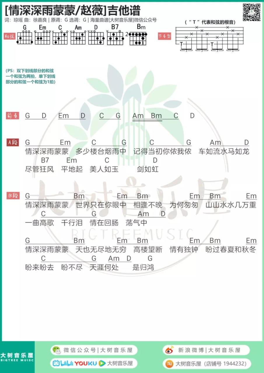 赵薇 情深深雨濛濛吉他谱G调 弹唱六线谱