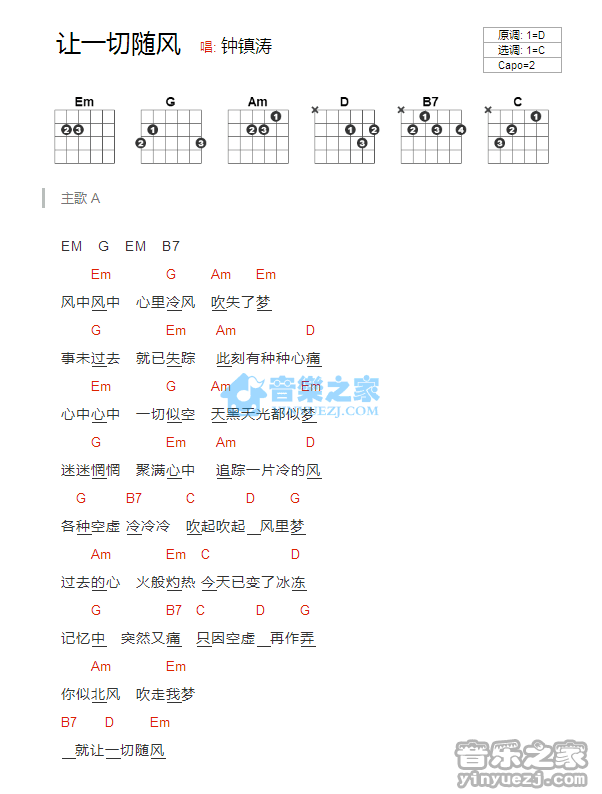 钟镇涛 让一切随风吉他谱C调 音乐之家弹唱六线谱