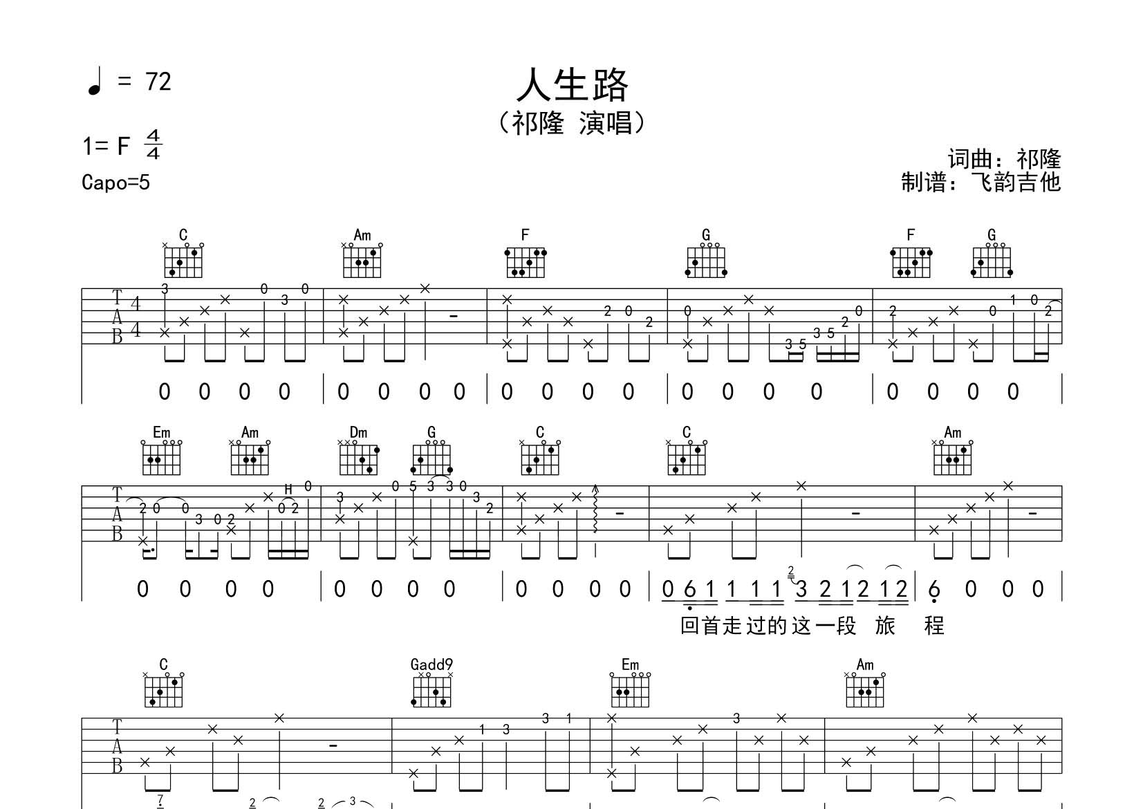 祁隆 人生路吉他谱C调 飞韵吉他弹唱六线谱