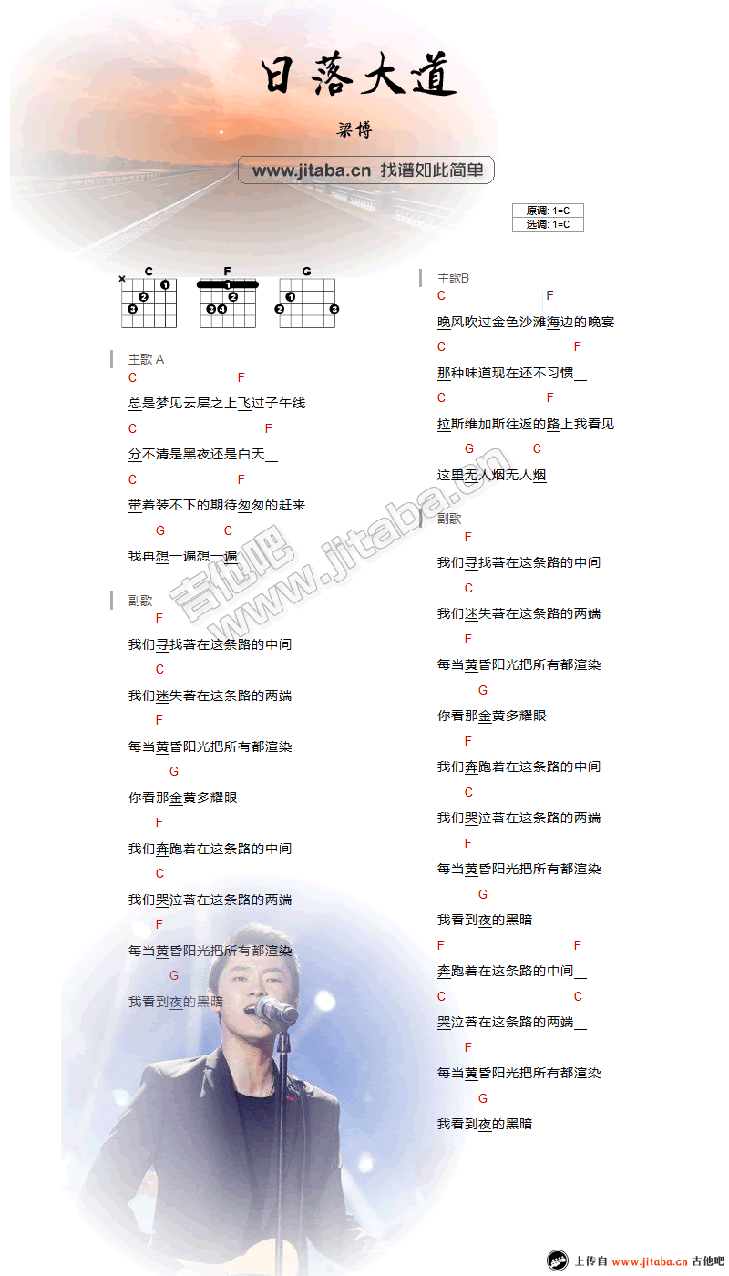 梁博 日落大道吉他谱C调 找谱如此简单弹唱六线谱