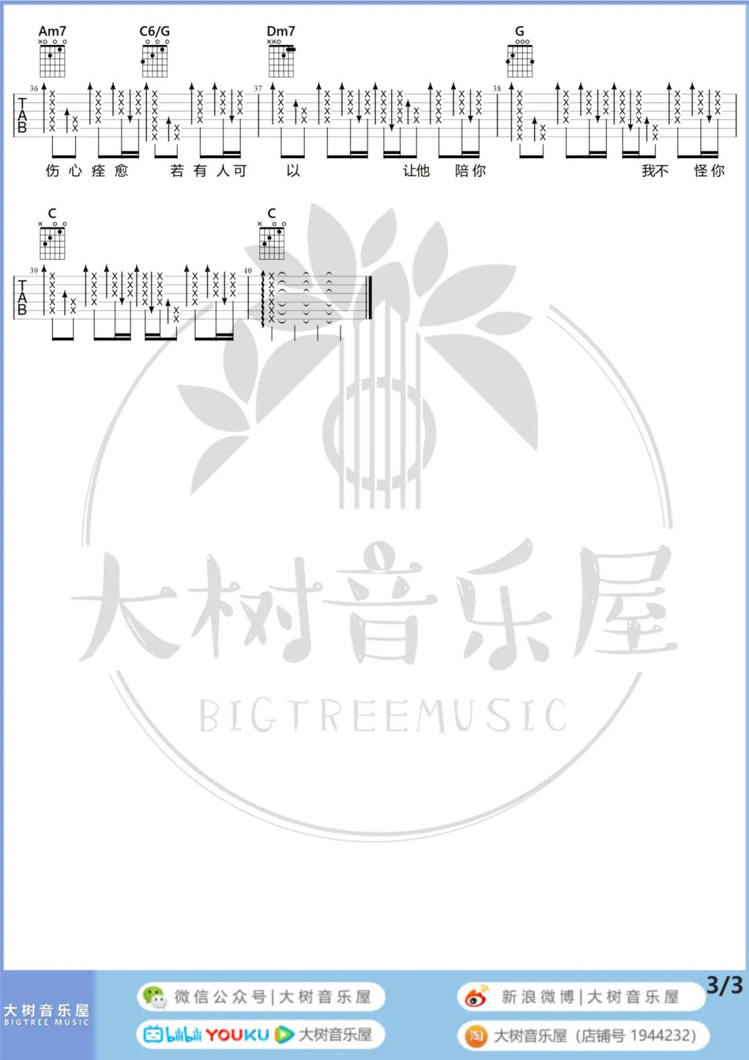 Tank 如果我变成回忆吉他谱C调 大树音乐屋弹唱六线谱