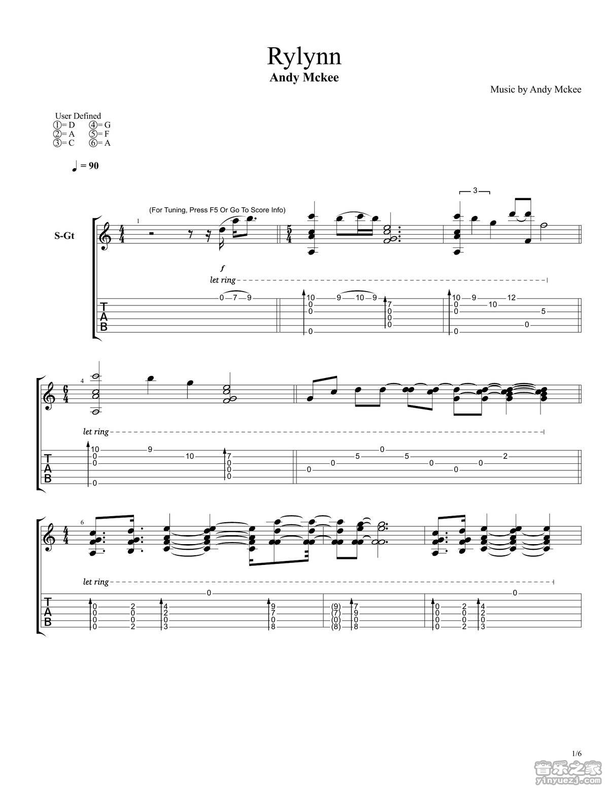 Andy McKee rylynn指弹谱 D调六线谱 音乐之家编配