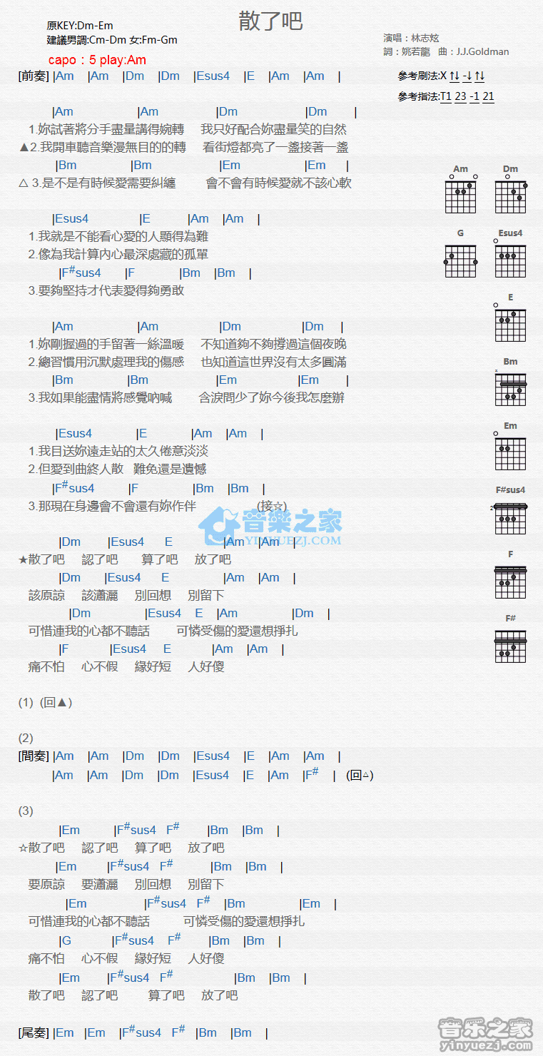 林志炫 散了吧吉他谱D调 弹唱六线谱