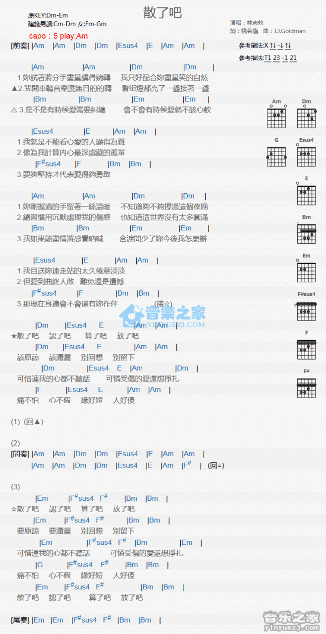 林志炫 散了吧吉他谱 弹唱六线谱