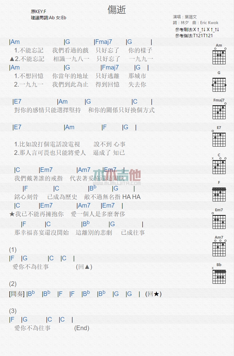 叶倩文 伤逝吉他谱F调 木木吉他弹唱六线谱