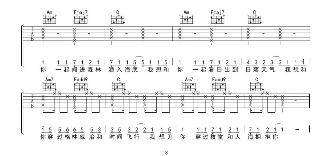 沈以诚 失眠飞行吉他谱C调 弹唱六线谱