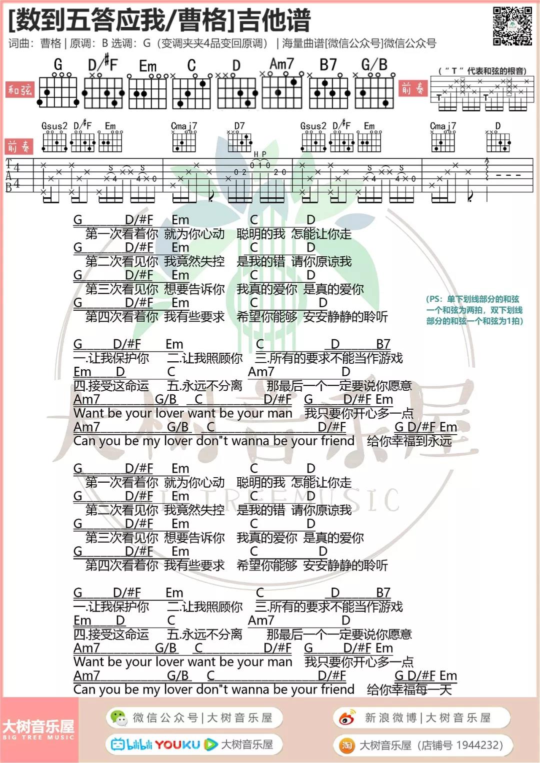 曹格 数到五答应我吉他谱G调 大树音乐屋弹唱六线谱