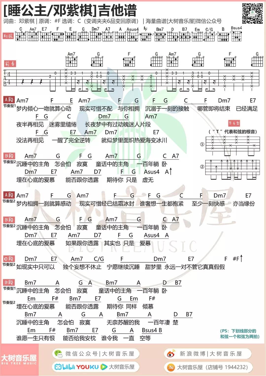 邓紫棋 睡公主吉他谱 大树音乐屋弹唱六线谱