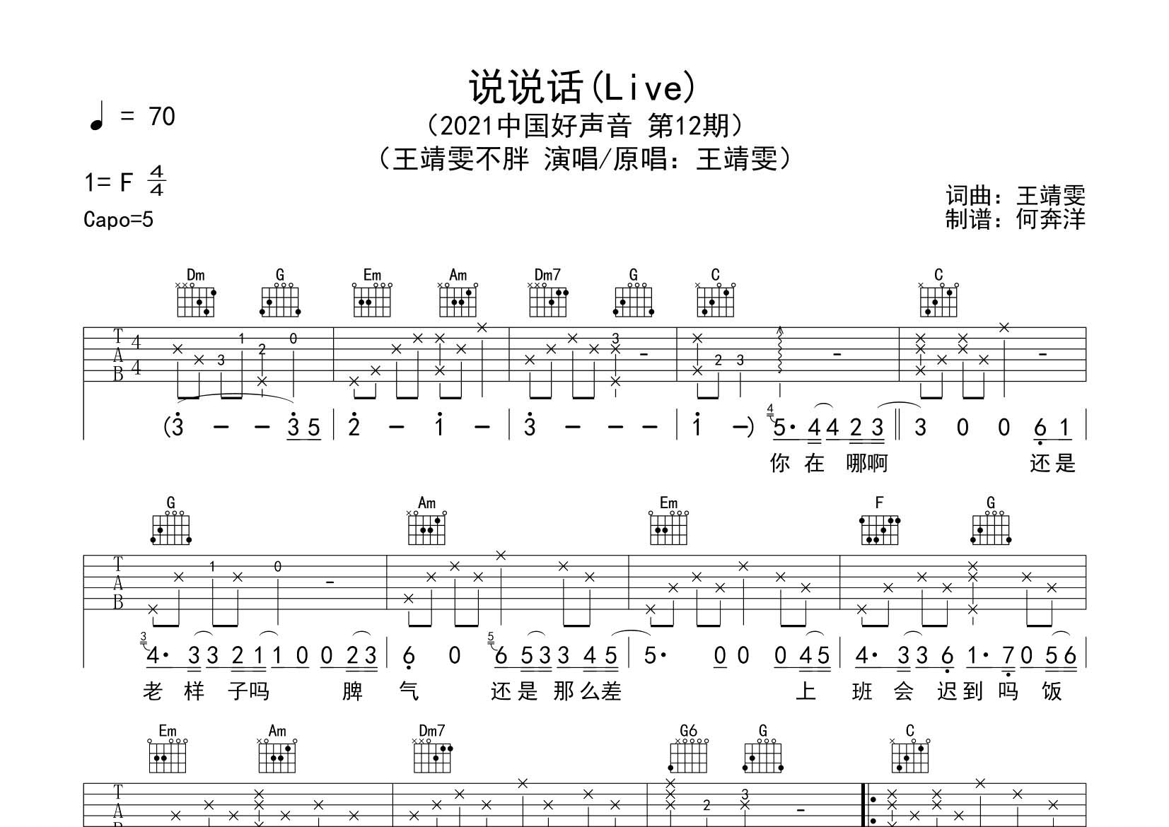 王靖雯不胖 说说话吉他谱C调 飞韵吉他弹唱六线谱