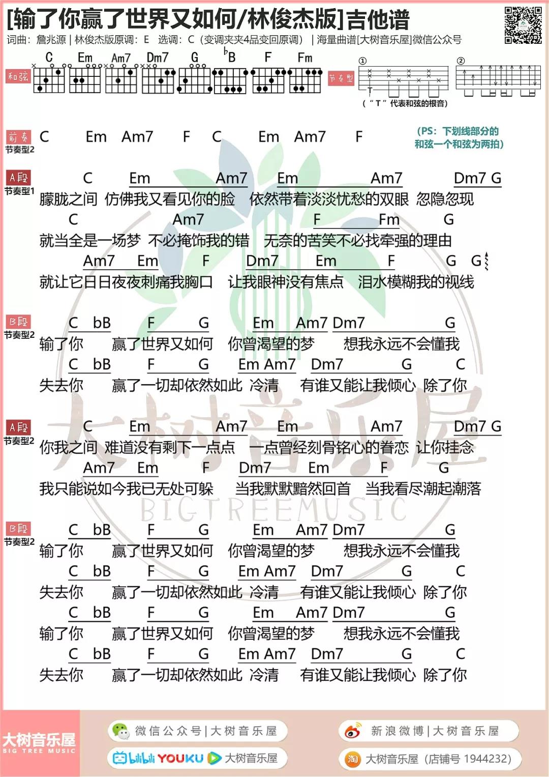 林俊杰 输了你赢了世界又如何吉他谱C调 大树音乐屋弹唱六线谱