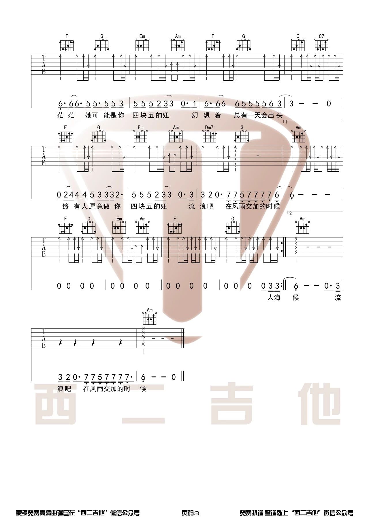 隔壁老樊 四块五吉他谱C调 西二吉他弹唱六线谱