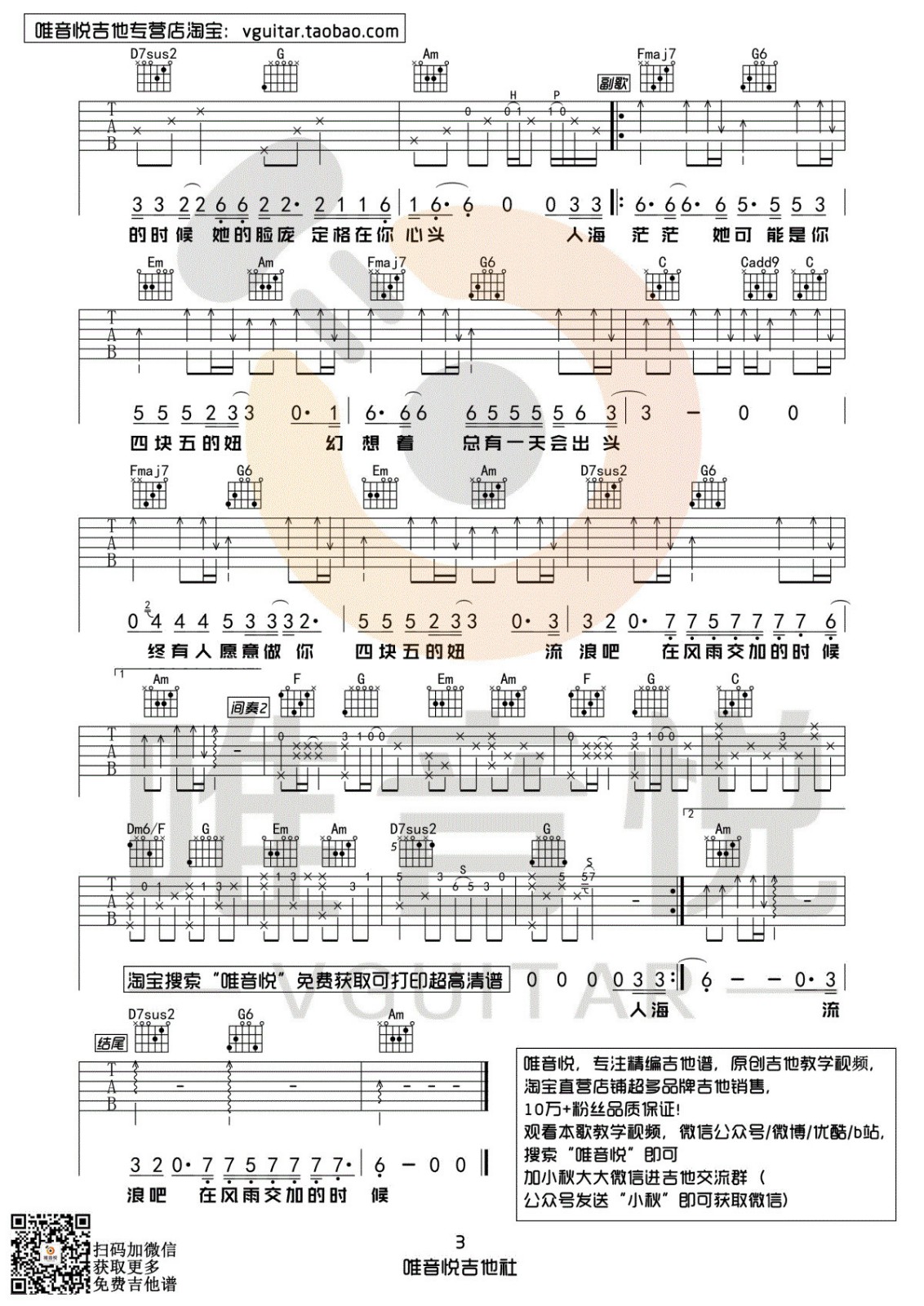 隔壁老樊 四块五吉他谱C调 唯音悦弹唱六线谱