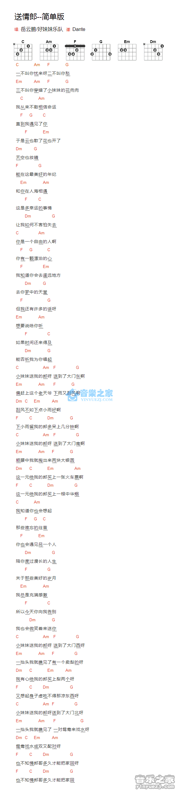 好妹妹乐队 送情郎吉他谱C调 音乐之家弹唱六线谱