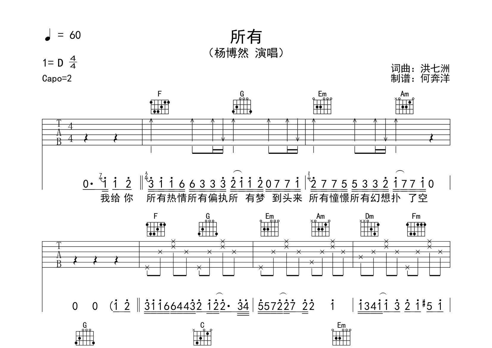 杨博然 所有吉他谱C调 飞韵吉他弹唱六线谱