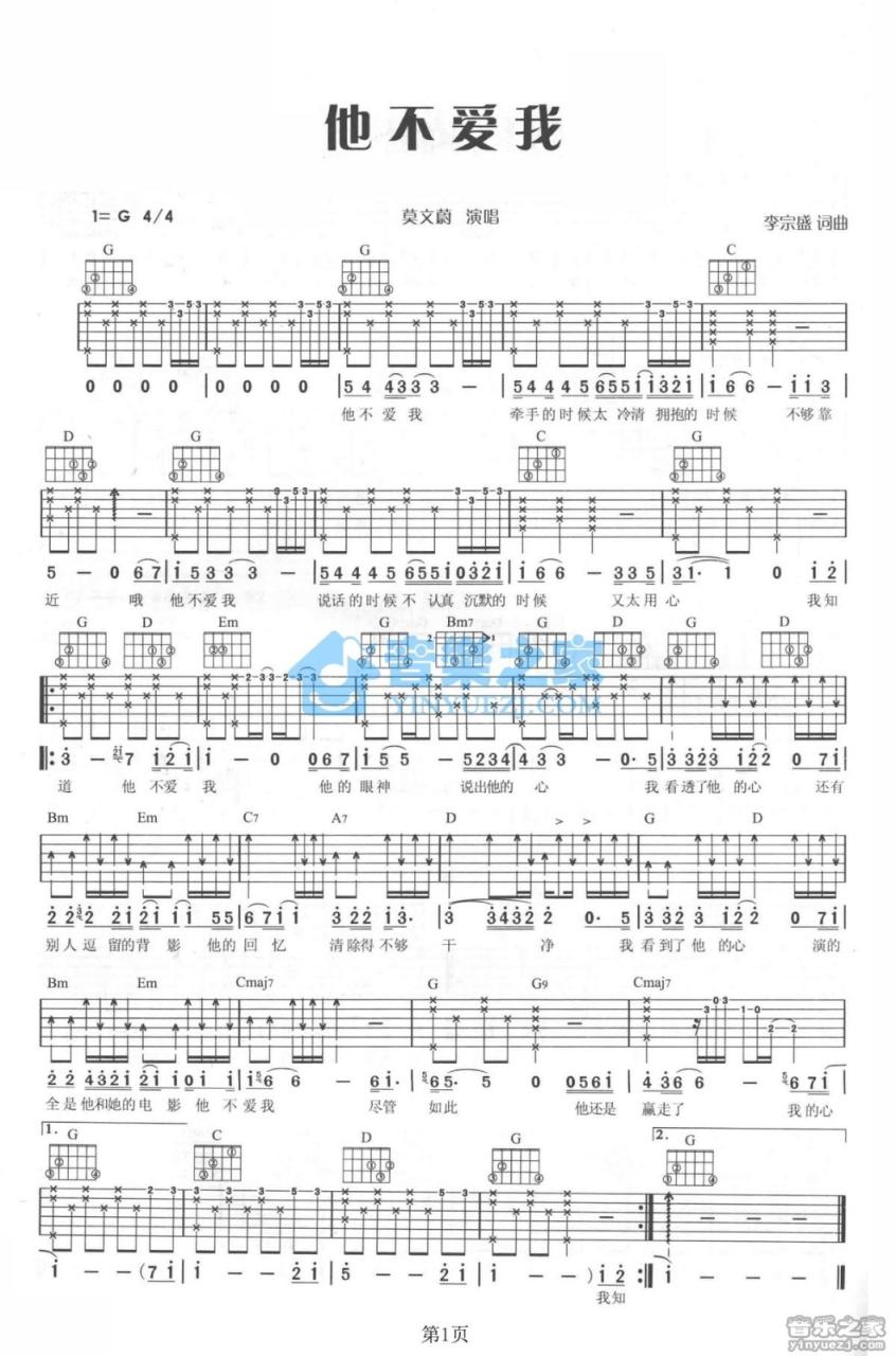 莫文蔚 他不爱我吉他谱G调 弹唱六线谱
