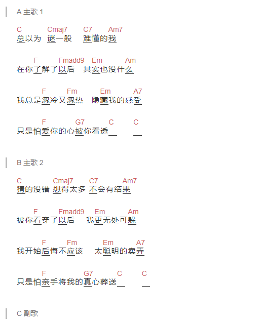 陈绮贞 太聪明吉他谱C调 弹唱六线谱