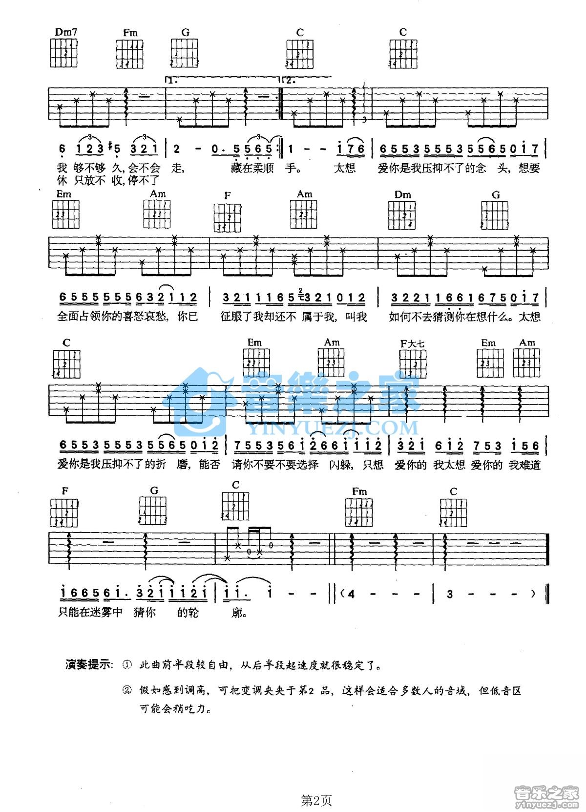 张信哲 太想爱你吉他谱C调 音乐之家弹唱六线谱