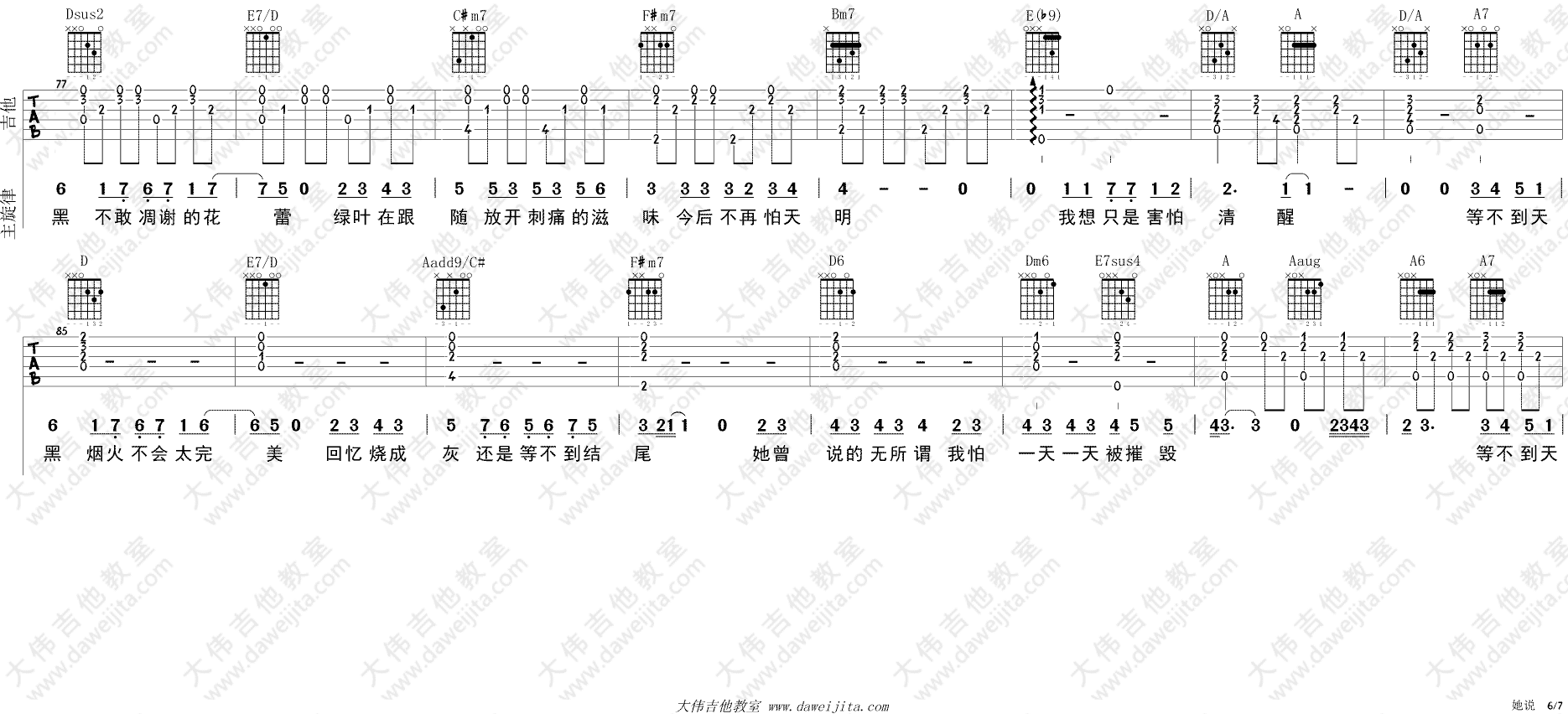 林俊杰 她说吉他谱A调 大伟吉他教室弹唱六线谱