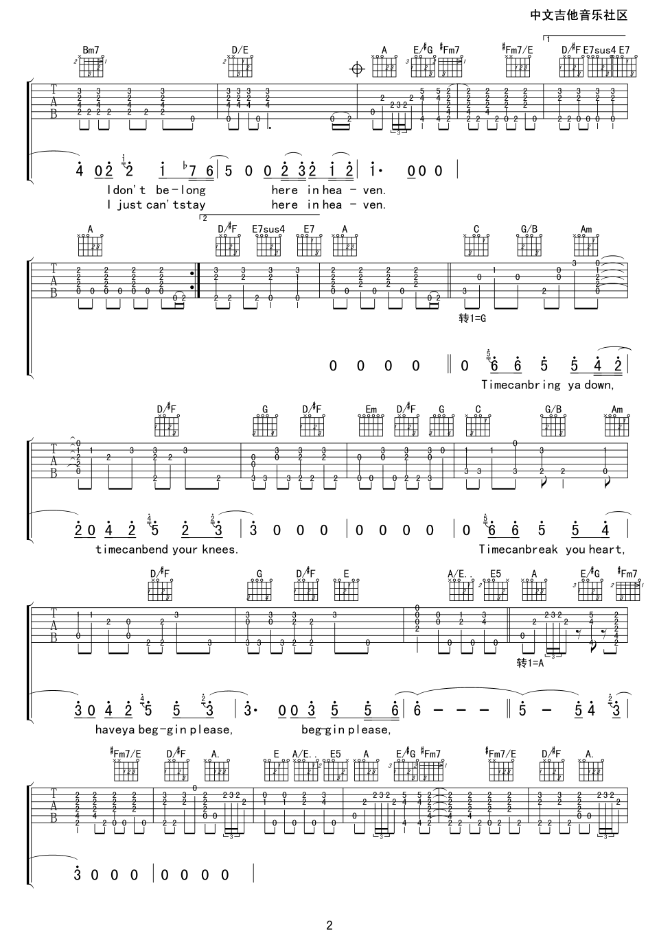 泪洒天堂 tears in heaven吉他谱A调 17吉他弹唱六线谱