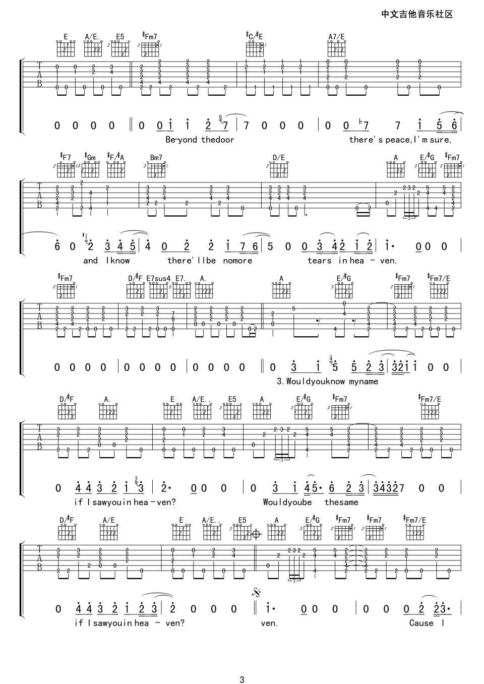 泪洒天堂 tears in heaven吉他谱A调 17吉他弹唱六线谱