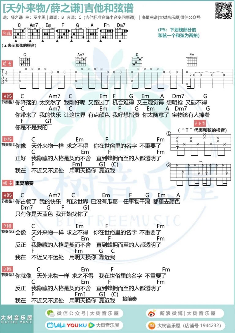 薛之谦 天外来物吉他谱C调 弹唱六线谱