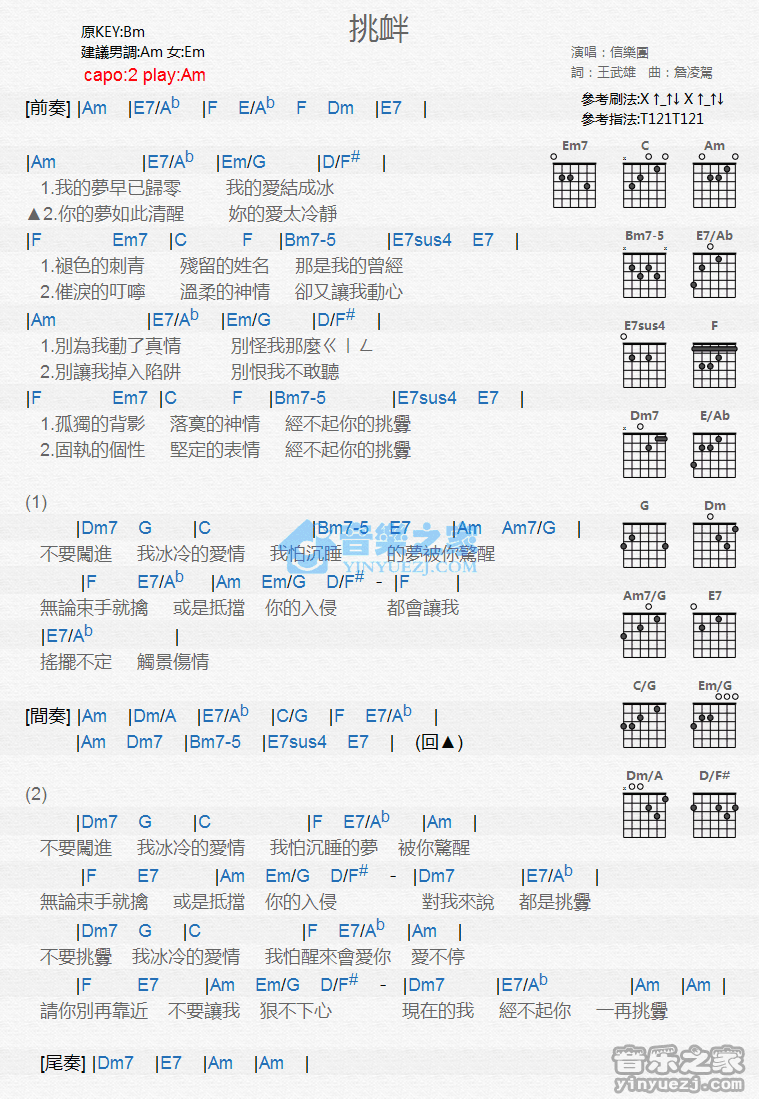信乐团 挑衅吉他谱B调 音乐之家弹唱六线谱