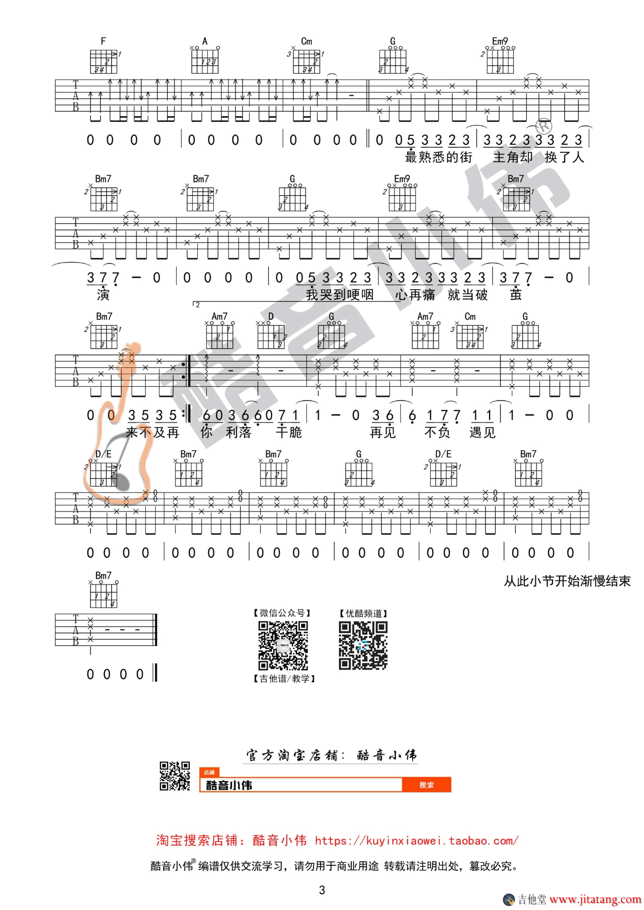 于文文 体面吉他谱G调 酷音小伟弹唱六线谱