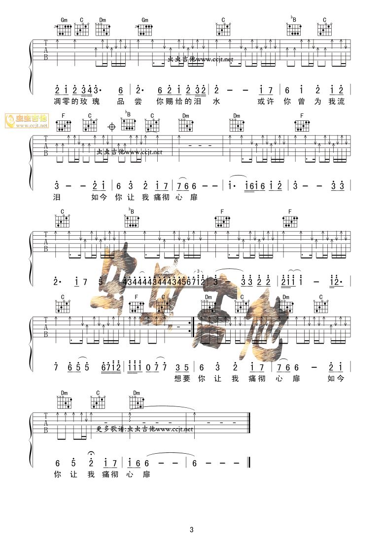 姜玉阳 痛彻心扉吉他谱F调 虫虫吉他弹唱六线谱