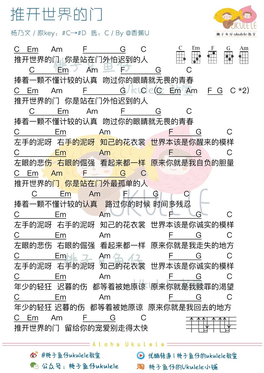 杨乃文 推开世界的门吉他谱C调 桃子鱼仔弹唱六线谱