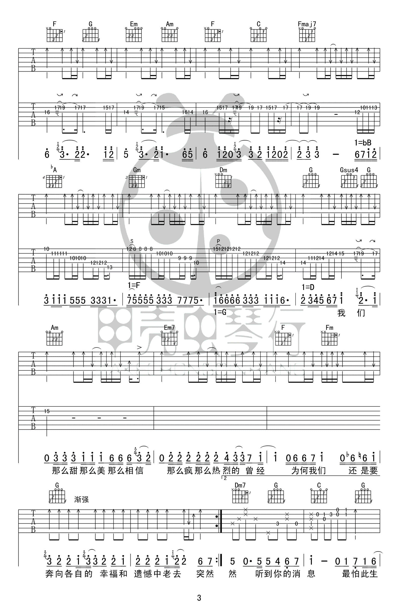 五月天 突然好想你吉他谱C调 弹唱六线谱